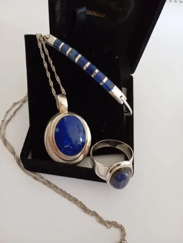Conjunto Prata 950 anel, colar e pulseira Lápis lazuli Natural