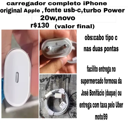 Carregador iPhone original Apple turbo 20w fonte-c e cabo-c nas duas pontas novo r$130