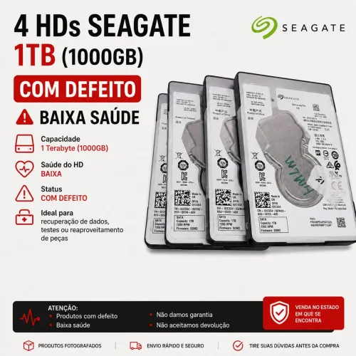 Lote contendo 4 HDs Seagate de 1TB (1000GB) com defeito baixa saúde