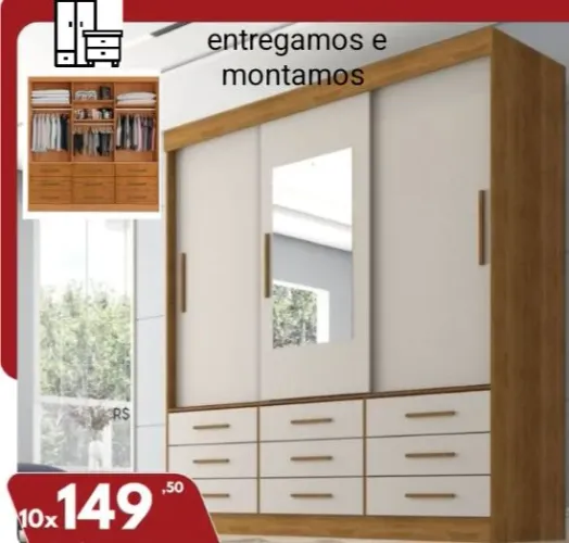 Roupeiro casal athenas 3 portas 9 gavetas c espelho e pés larg. 1.80m