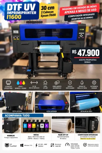 DTF UV IMPRIMIPRINTER I1600 - 30 CM - COMPLETA Branco e Verniz