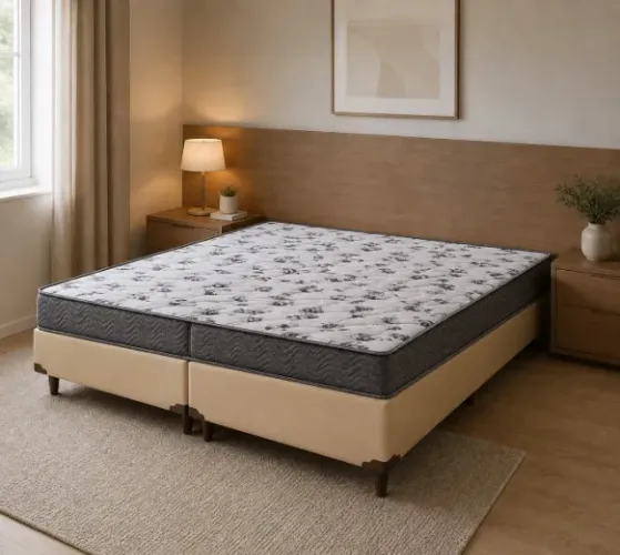 Base Box Casal Bipartido Bege com Colchão Casal D33 Ortobom - Entrega Rápida! 