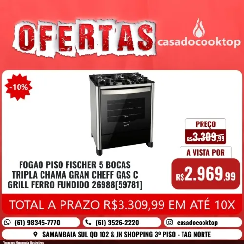 FOGAO PISO FISCHER 5 BOCAS TRIPLA CHAMA GRAN CHEFF GAS C/ GRILL 26988[59781] FERRO FUNDIDO