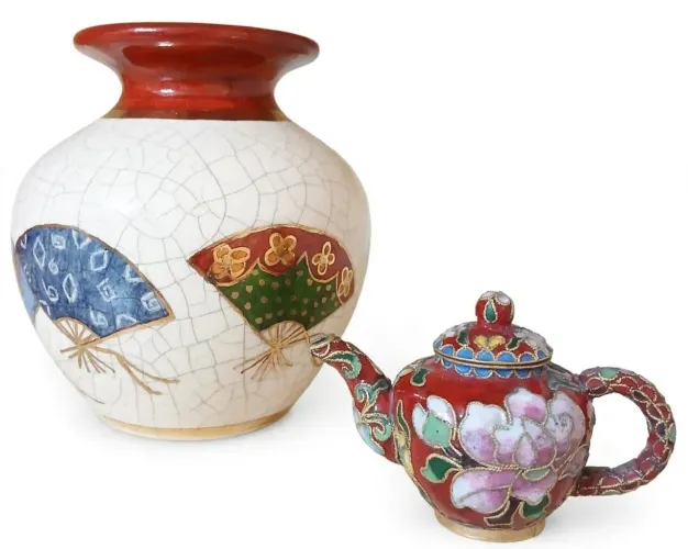 Conjunto Vintage Anos 90 Vaso Faiança Craquelê Leques Coloridos 14cm +'bule cloisonné