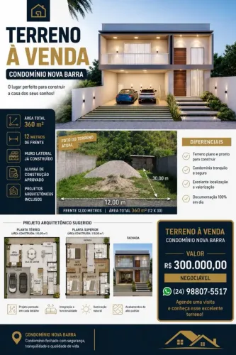 Vendo lote com projeto para casa de 260m² no Condomínio Nova Barra em Barra do Piraí 
