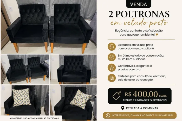 02 Poltronas Decorativas em Veludo Preto