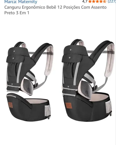 Canguru Ergonômico Bebê 12 Posições Com Assento Preto 3 Em 1