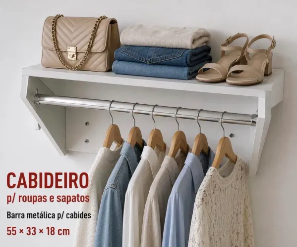 CABIDEIRO DE PAREDE C/ PRATELEIRA E SUPORTE P/ ACESSÓRIOS