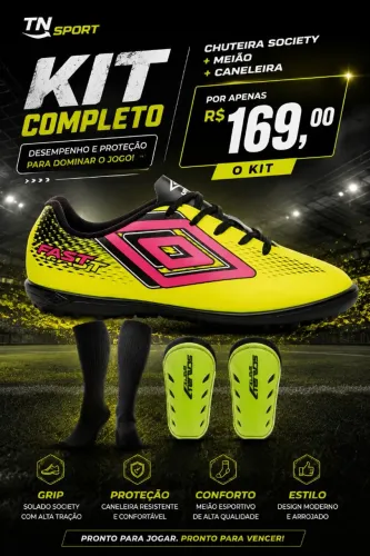 Chuteira society umbro + Meião + Caneleira