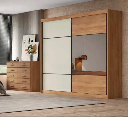 Roupeiro 3 Portas e 6 Gavetas - 100% MDF com Puxador Alumínio Bronze