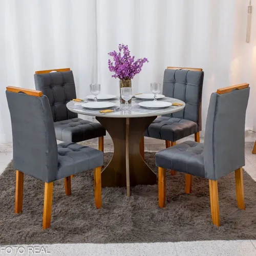 Mesa de Jantar Redonda 100cm Vidro Off/Base + 4 Cadeiras  Madeira - Entregue Montada