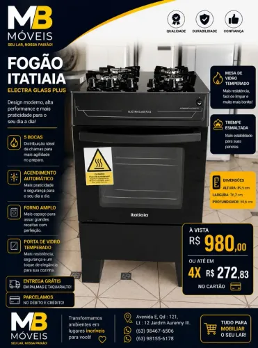Fogão Itatiaia Electra Glass Plus 04 bocas,com base de vidro temperado novo. 