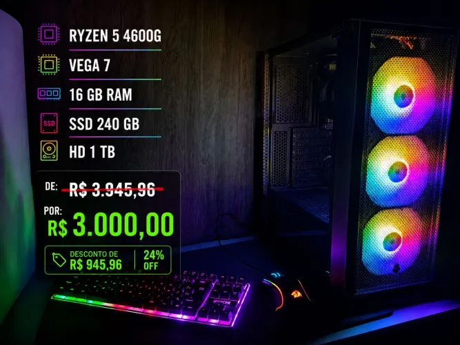 PC Gamer Ryzen 5 4600G | 16GB RAM | SSD + HD | Completo
