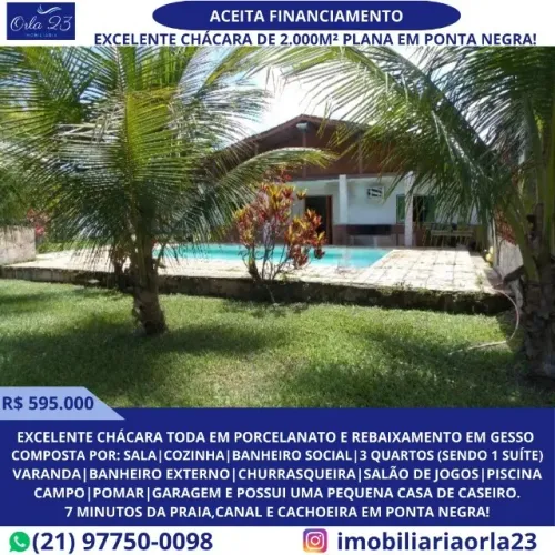 PONTA NEGRA, ORLA 23 IMOBILIÁRIA VENDE! Excelente chácara com 3 quartos em Maricá.