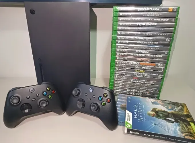 XBOX SERIES X 1TB / COMPLETÃO (25 GAMES + 2 MANETES + HD 1TB + EXTRAS). LEIA! (TROCO) 