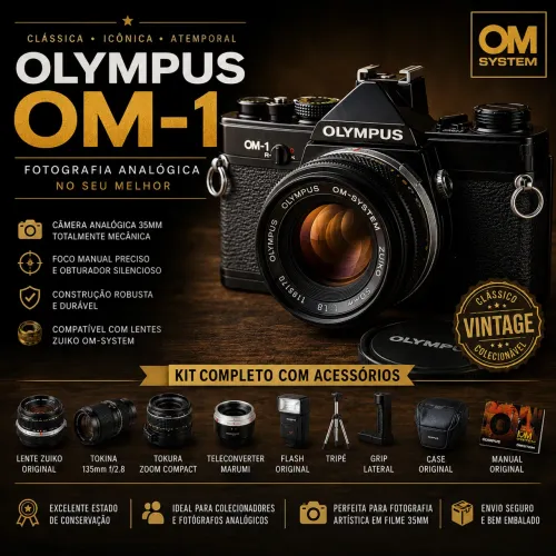 Câmera Olympus analógica OM-1 Preta + Kit Completo Vintage | Excelente Estado