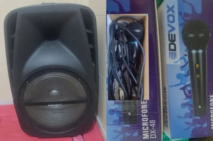 caixa de som mondial bluetooth + 2 microfones