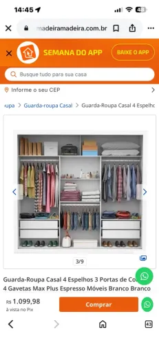 Guarda-roupa Casal com Espelho 4 Gavetas 3 Portas de Correr Móveis