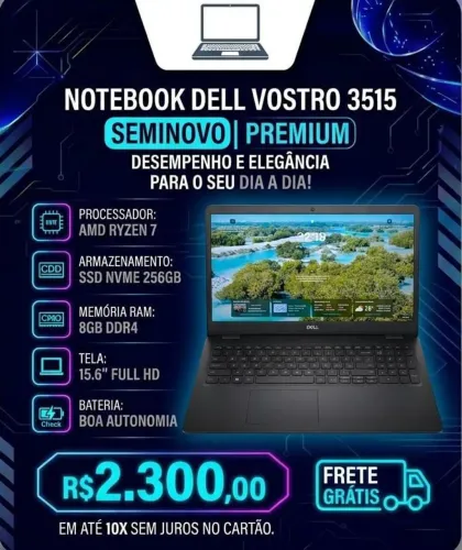 Notebook Dell Vostro 3515 AMD Ryzen 7 | 8GB RAM | SSD 256GB - Estado de Novo