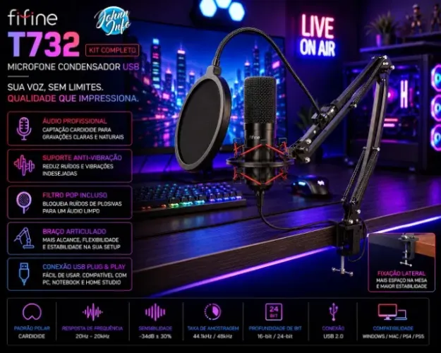 Kit Microfone Condensador Fifine T732 Usb, Braço Articulado