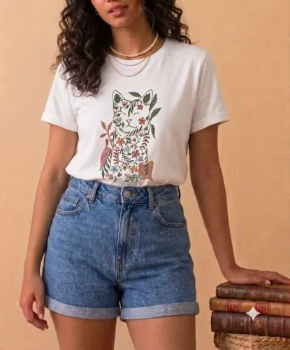 camiseta feminina branca gato floral