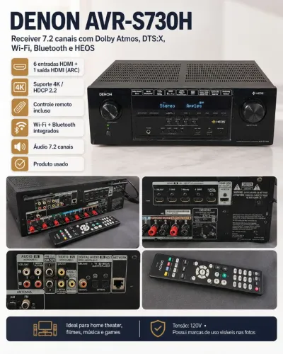 Receiver Denon AVR-S730H 7.2 Dolby Atmos 4K Wi-Fi HEOS com Controle