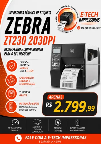 IMPRESSORA TÉRMICA INDUSTRIAL ZEBRA ZT230 PEÇA ÚNICA 