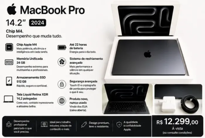 MacBook Pro 2024 M4 14.2 polegadas, Azul Meia Noite, 24 Gb -512 Gb SSd NOVO CAIXA ABERTA