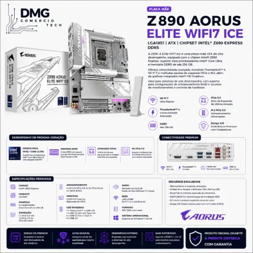 Placa Mãe Gigabyte Z890 AORUS ELITE WIFI7 ICE LGA1851 ATX Chipset Intel Z890 DDR5 Pcie 5.0