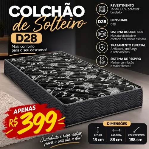 PROMOÇÃO !Colchão D28 Solteiro 88x188x18