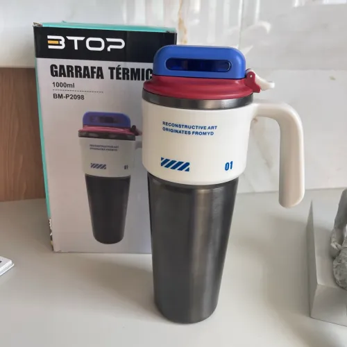 Garrafa Termica 3TOP 1000ml - Inox Parede Dupla, com Alca e Bico