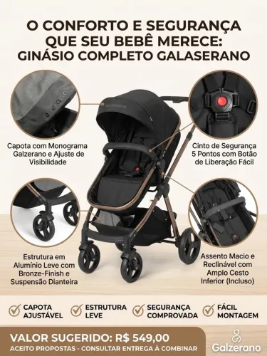 Carrinho de Bebê Galzerano Preto - Excelente Estado e Segurança
