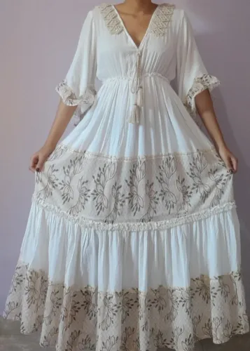 Vestido Longo Boho Chic Branco Renda Macramê - NOVO