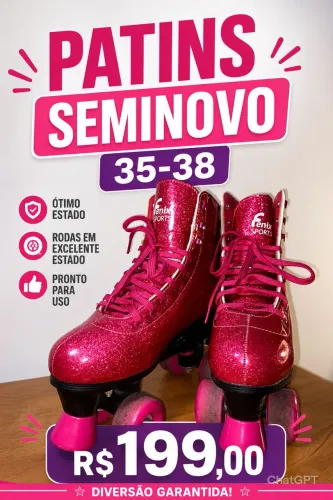 PATINS RETRÔ ROSA GLITTER AJUSTÁVEL 35-38 POUCO USADO MARCA FENIX SPORTS