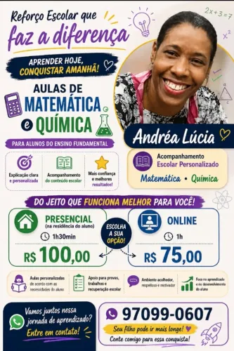 AULAS DE REFORÇO ESCOLAR - MATEMÁTICA E QUÍMICA - ENSINO FUNDAMENTAL