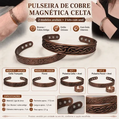 Pulseira Magnética Ajustável Cobre Antigo Retrô Unissex com Desenho Ondulado e Ímãs Intern