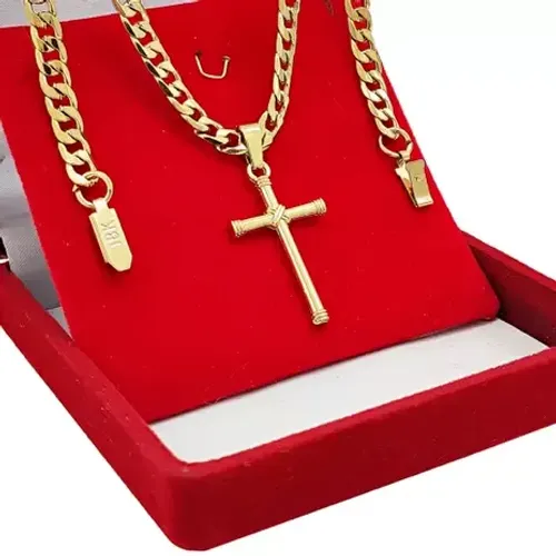 Corrente Masculina Banhada A Ouro 18k 70cm Grosso +ping Cruz+pulseira Grumet - Colares