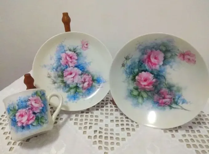 Conjunto para lanche em porcelana pintura a mão 