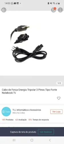 Cabo de Força Energia Tripolar 3 Pinos Tipo Fonte Notebook Tv