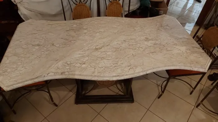 Mesa de Jantar 195 x 95 cm Mármore Travertino c/ 6 Cadeiras + Bar de Canto