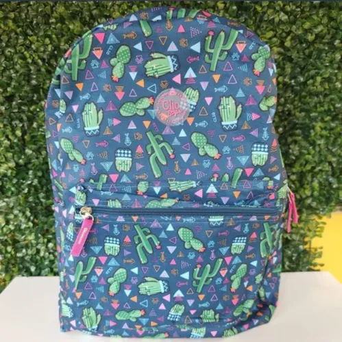 mochila cactos colorida escolar grande marca clio azul jeans e rosa # bolsa