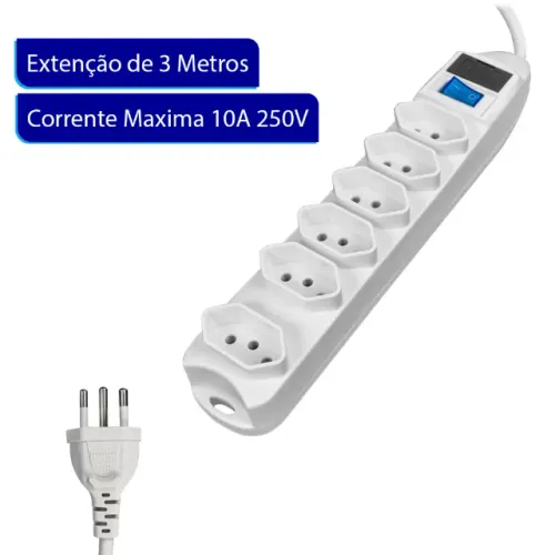 Filtro de Linha 5M/3M Branco 6 Tomadas Extensão Elétrica Régua Elétrica Bivolt Power