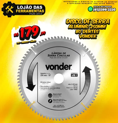 Disco de Serra Alumínio 250mm 80 Dentes Vonder