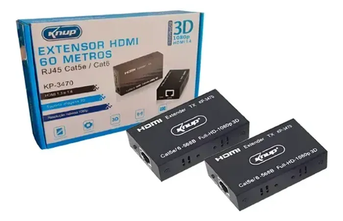 Extensor Hdmi Até 60 Metros Tv 3d Cabo Utp Rede Rj45 Cat5e Kp-3470 Com 2 Fontes