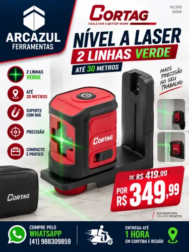 Nível a Laser 2 Linhas Verde até 30 Metros Cortag NLC816 62816 R$349,99