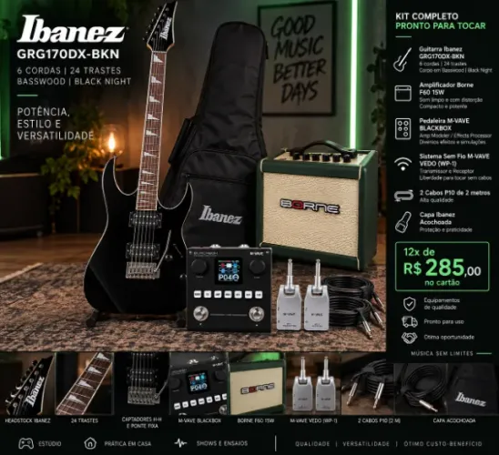 Kit Guitarra Ibanez GRG170DX-BKN + Blackbox + Cubo Borne + Acessórios | 12x R$285