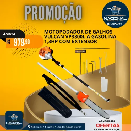 VULCAN VP3300L Motopoda 33CC 1,3HP com Extensor - Poda Alta Profissional Brasília