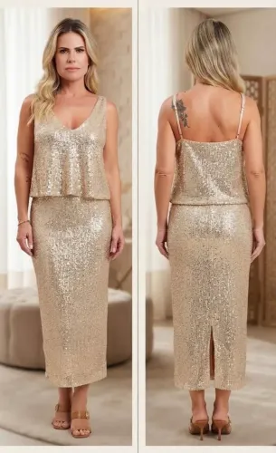 Look Luxo Festa: Conjunto Paetê Midi (Saia M / Blusa G)?