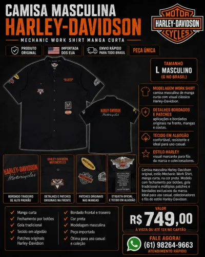 CAMISA BLUSA MASCULINA HARLEY-DAVIDSON MECHANIC WORK SHIRT ORIGINAL TAMANHO G