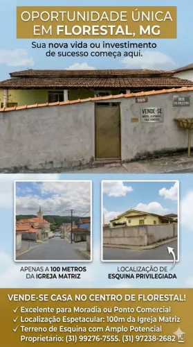 Casa à venda no coração de Florestal/MG! More com tranquilidade e tudo por perto!